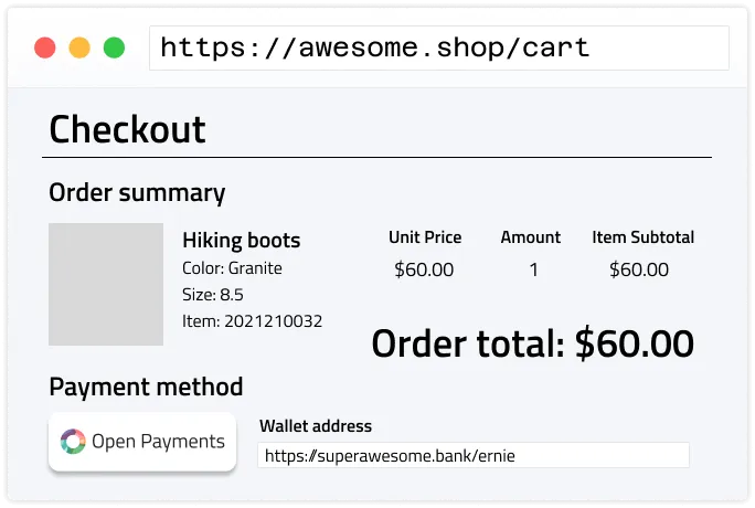 Checkout page for buying a new pair of hiking boots costing $60.00